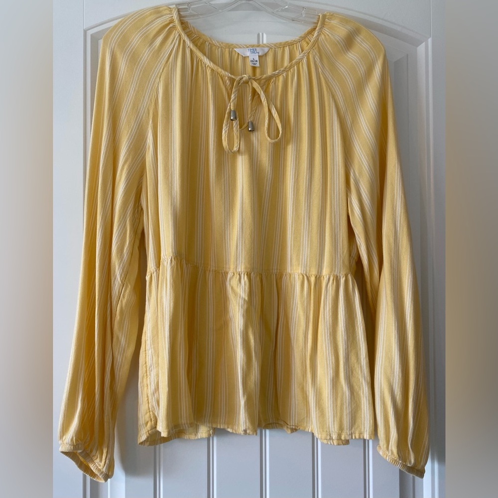 EUC Soft Yellow Striped Peplum Blouse Women's L